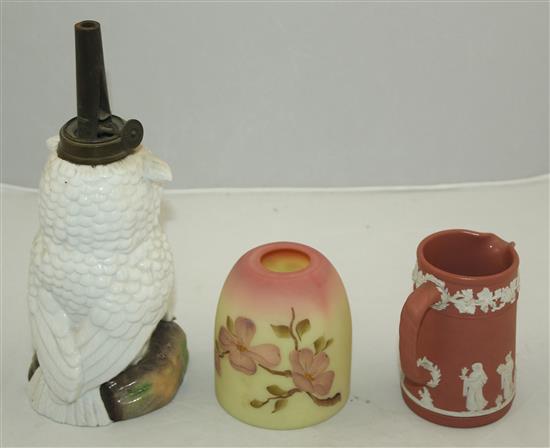 A  owl oil lamp base, a Wedgwood jasper jug and a Queens Burmese glass lamp shade